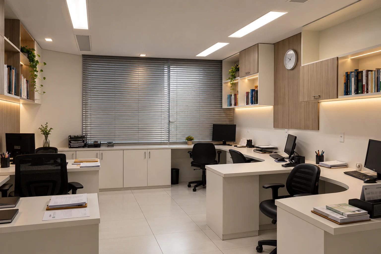Primeira sala do Harrison Leite Advogados em Itabuna, com estações de trabalho em marcenaria clara.