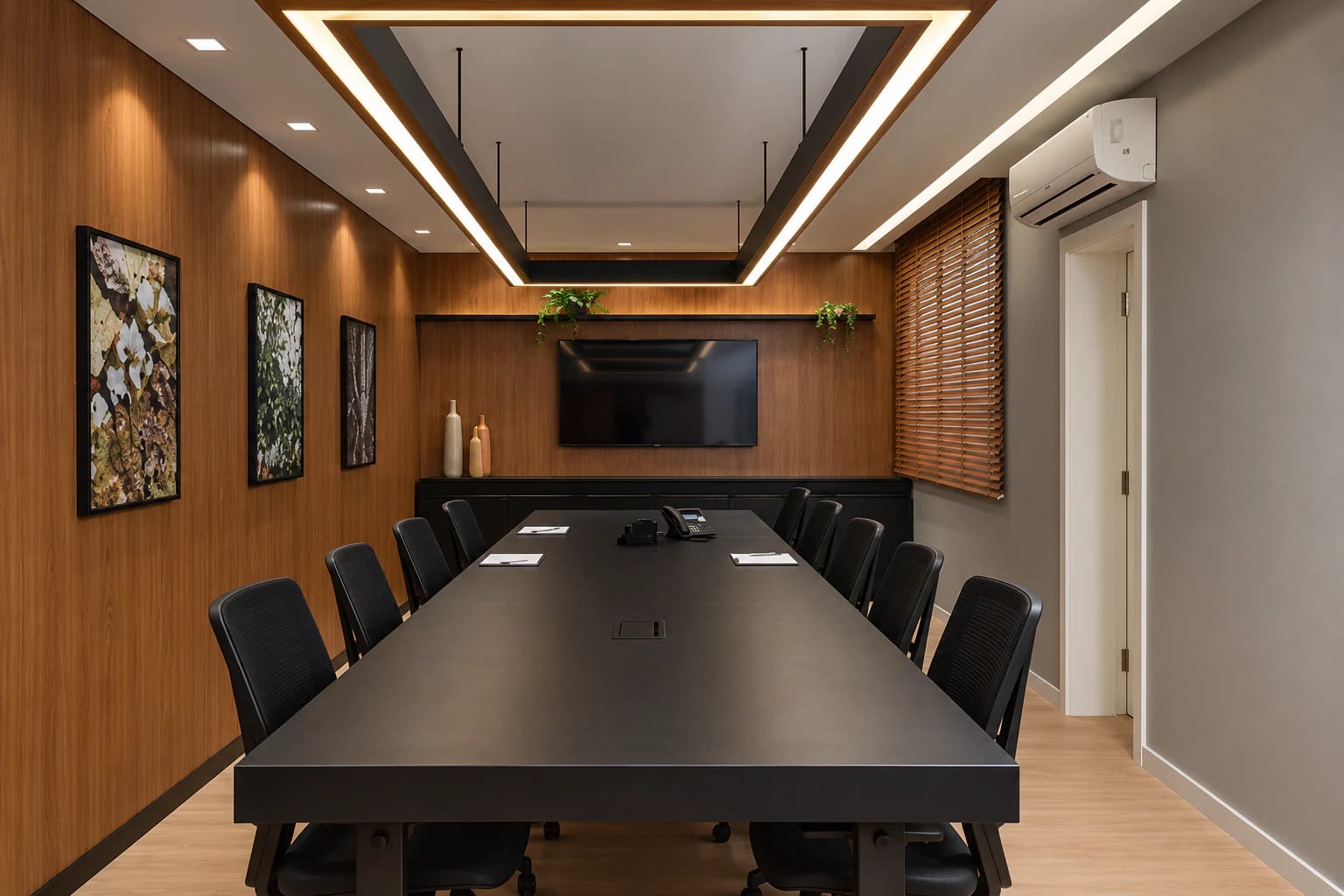 Sala de reuniões da sede em Itabuna, com mesa para dez lugares, painel de madeira e obras emolduradas.