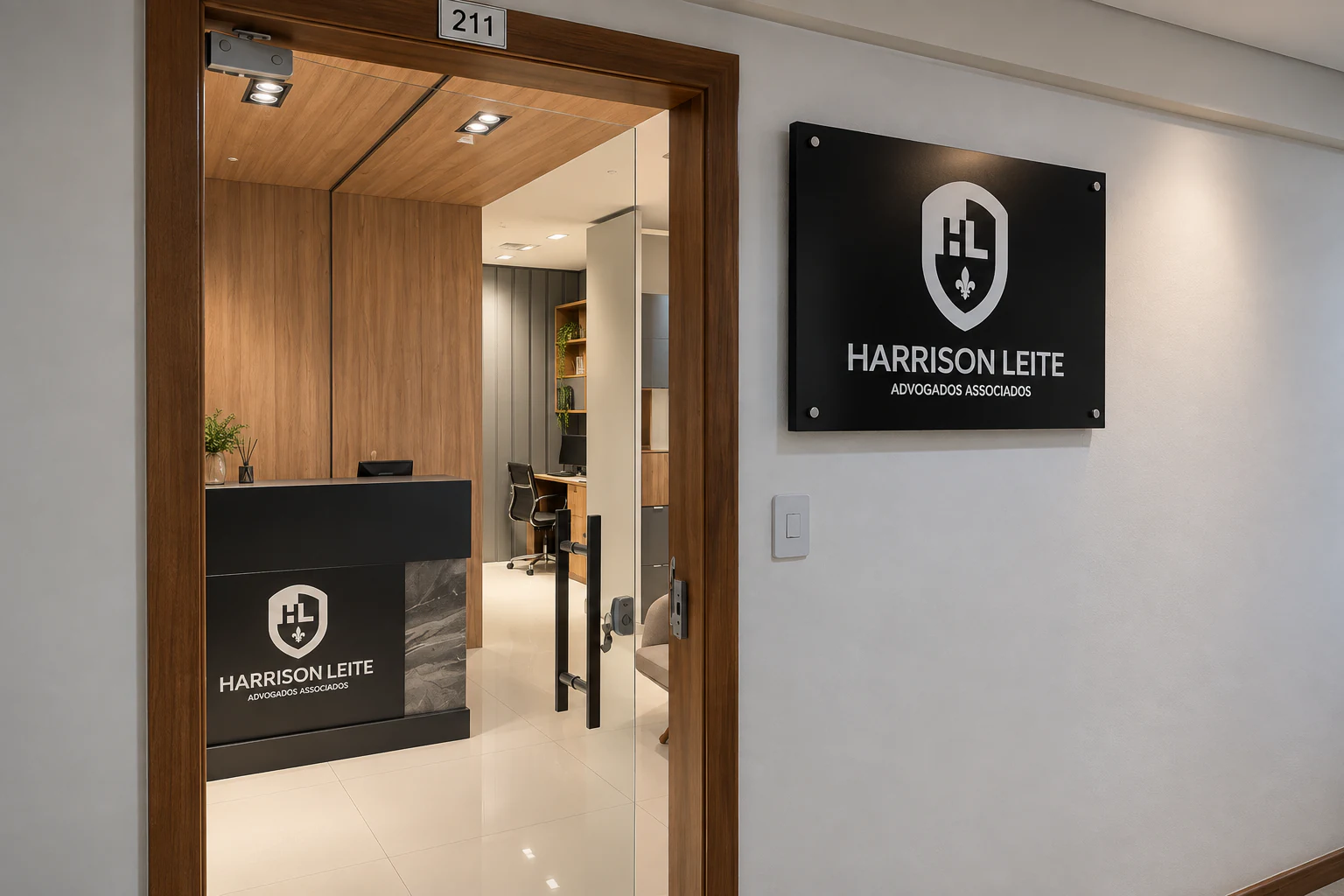 Entrada da unidade de Vitória da Conquista, com a placa do escritório ao lado da porta da sala 211.